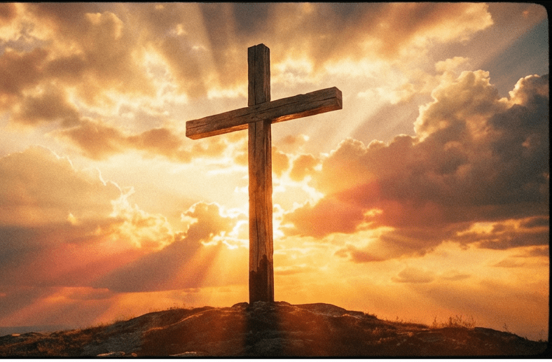 A wooden cross on a hill silhouetted against a dramatic, sunburst-filled sunset sky.