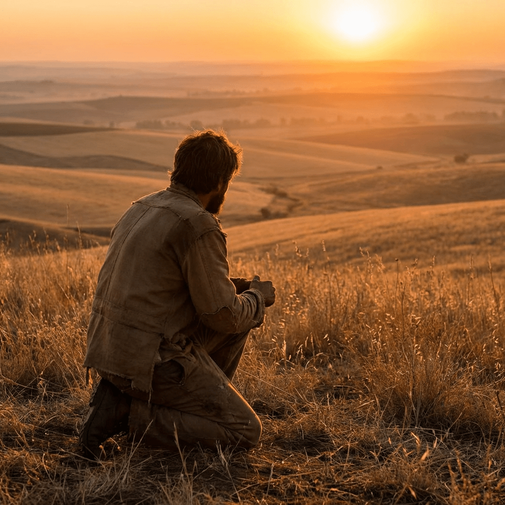 Man kneeling in a grassy field, looking at a sunset over distant rolling hills.