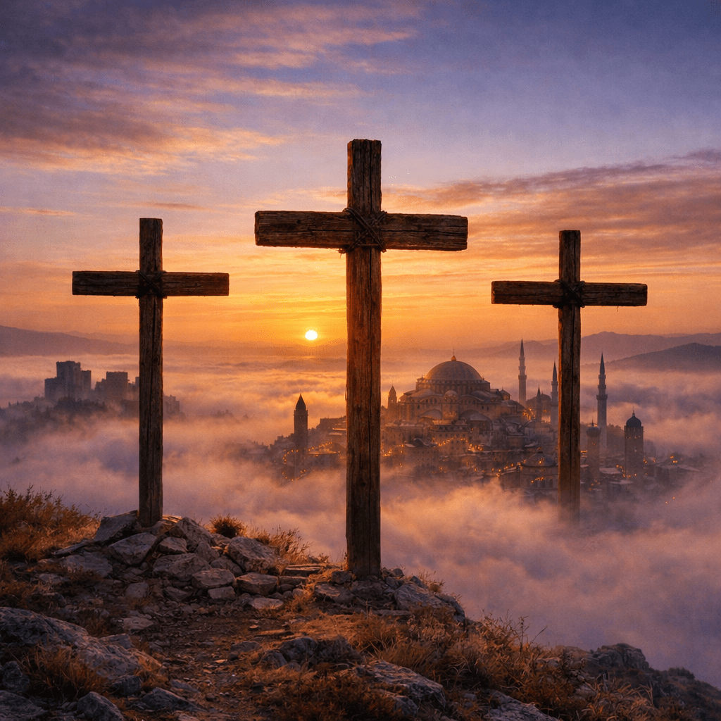 Wooden cross on rocky hill overlooking foggy city with domes and minarets at sunrise