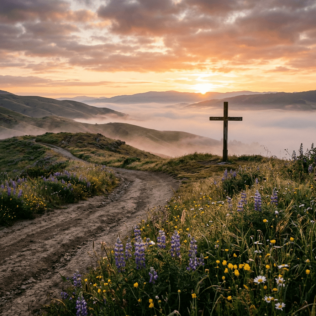 Wooden cross on hill with flowers and dirt path at sunrise