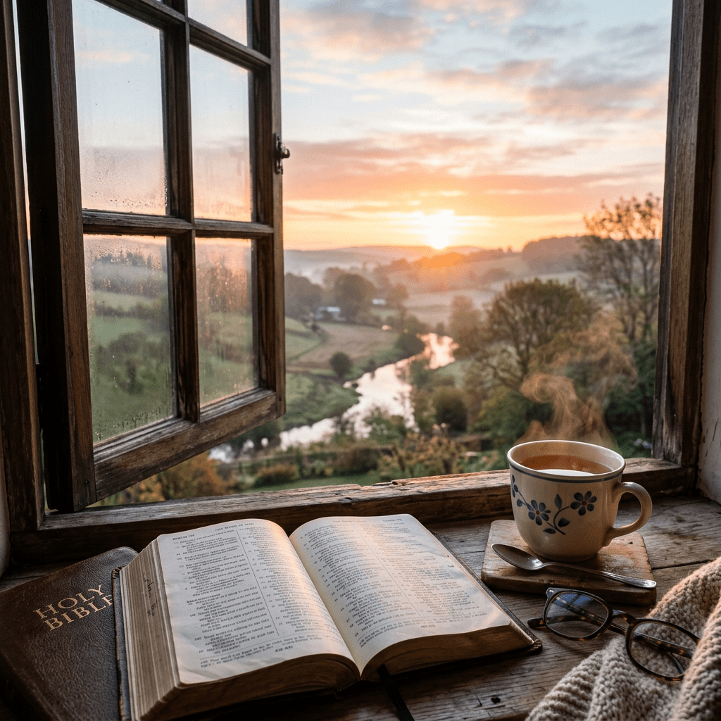 Open Bible on wooden table with cup of steaming tea and sunrise outside window