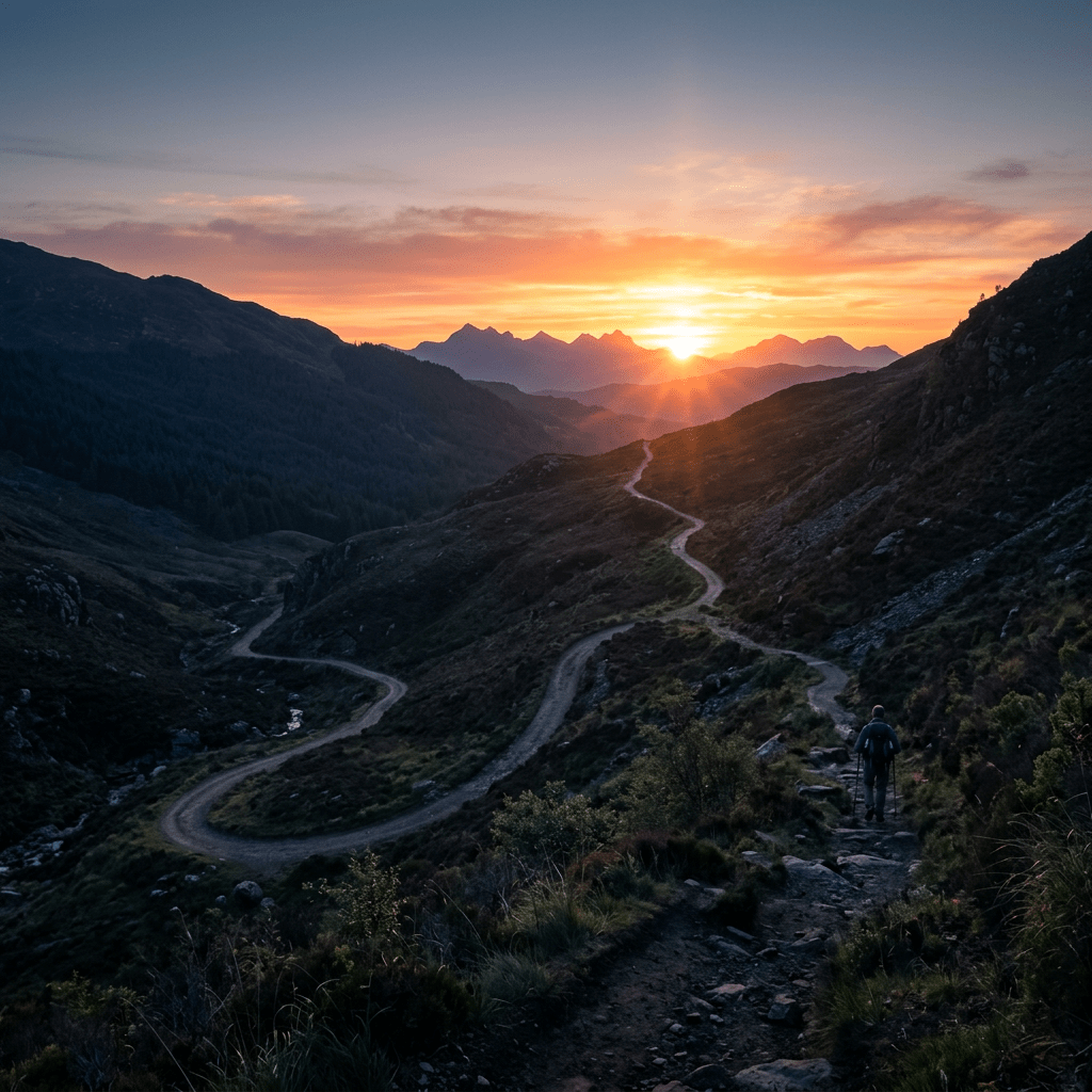 Hiker walking on winding mountain trail with sunrise over peaks