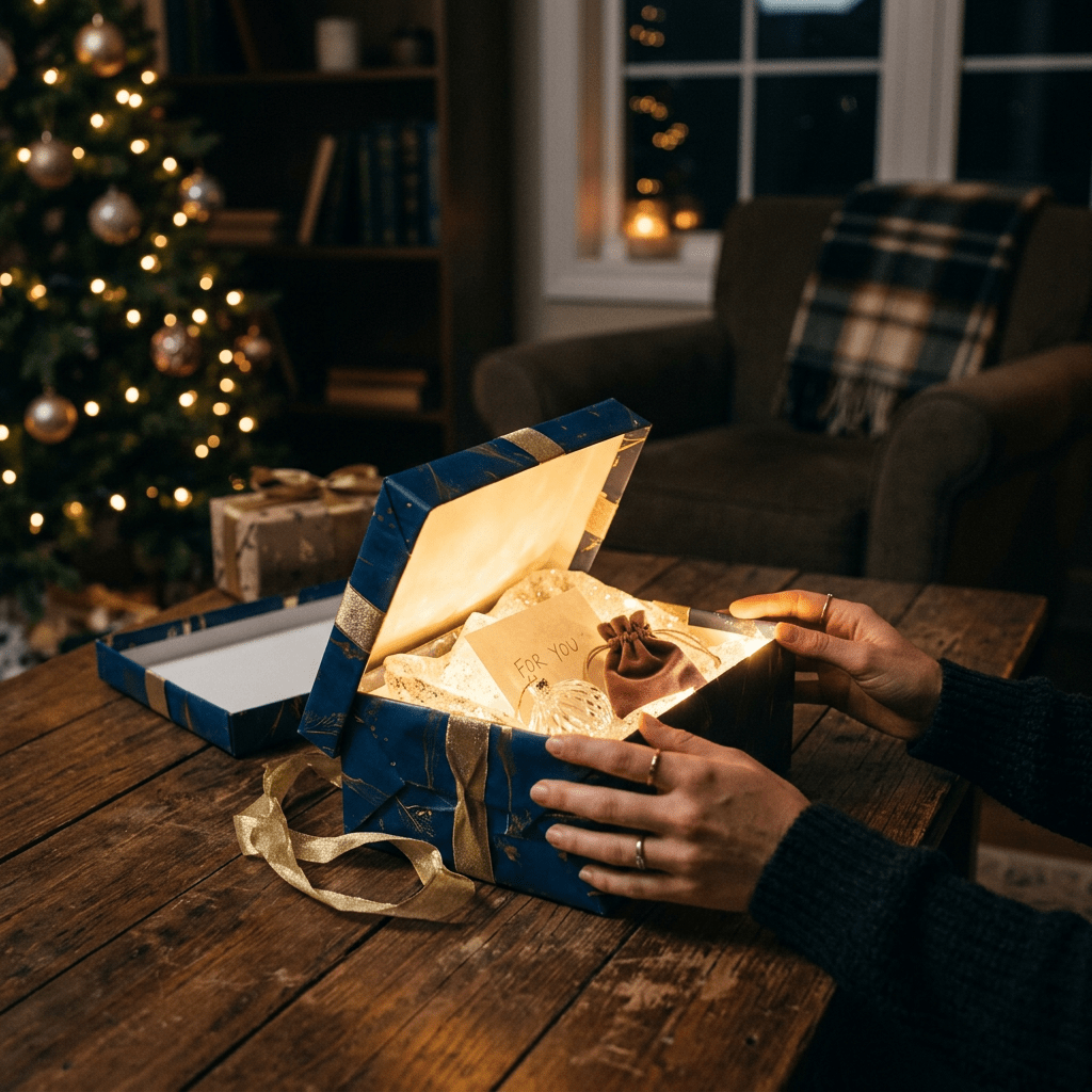 Gift box with glowing light, a card reading 'For You', and a small pouch inside