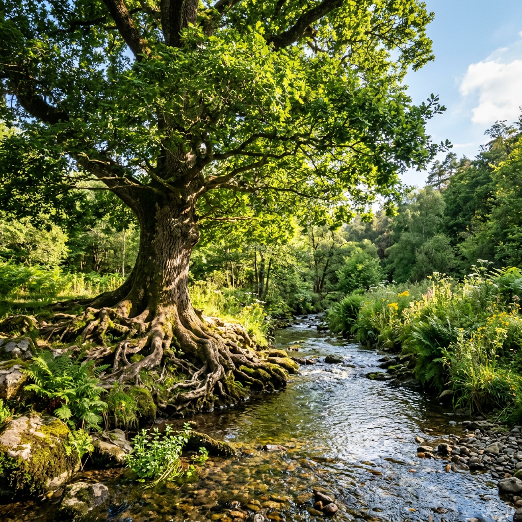 Large old tree with exposed roots next to flowing river in green forest