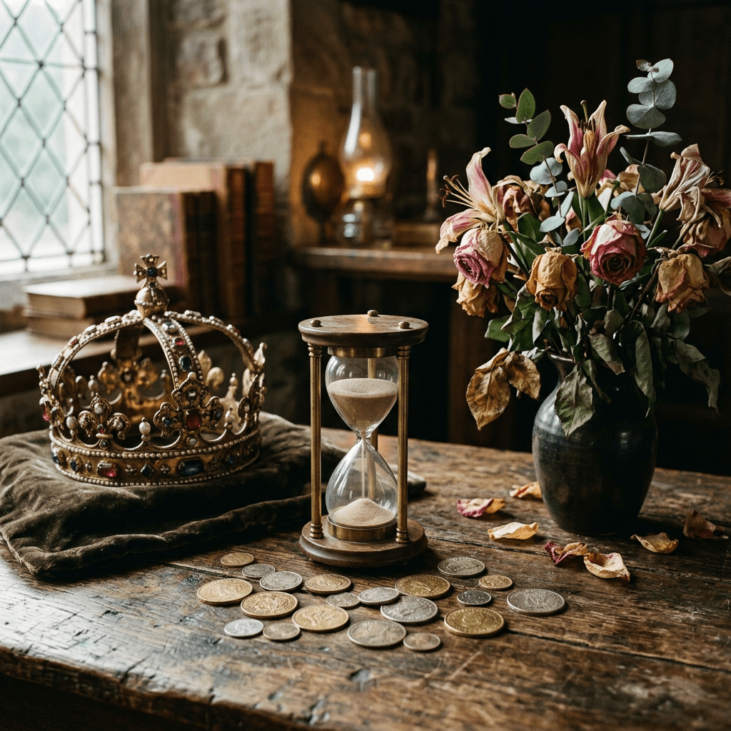 Ornate crown on cushion, hourglass with sand, scattered coins, and vase with wilted flowers on wooden table