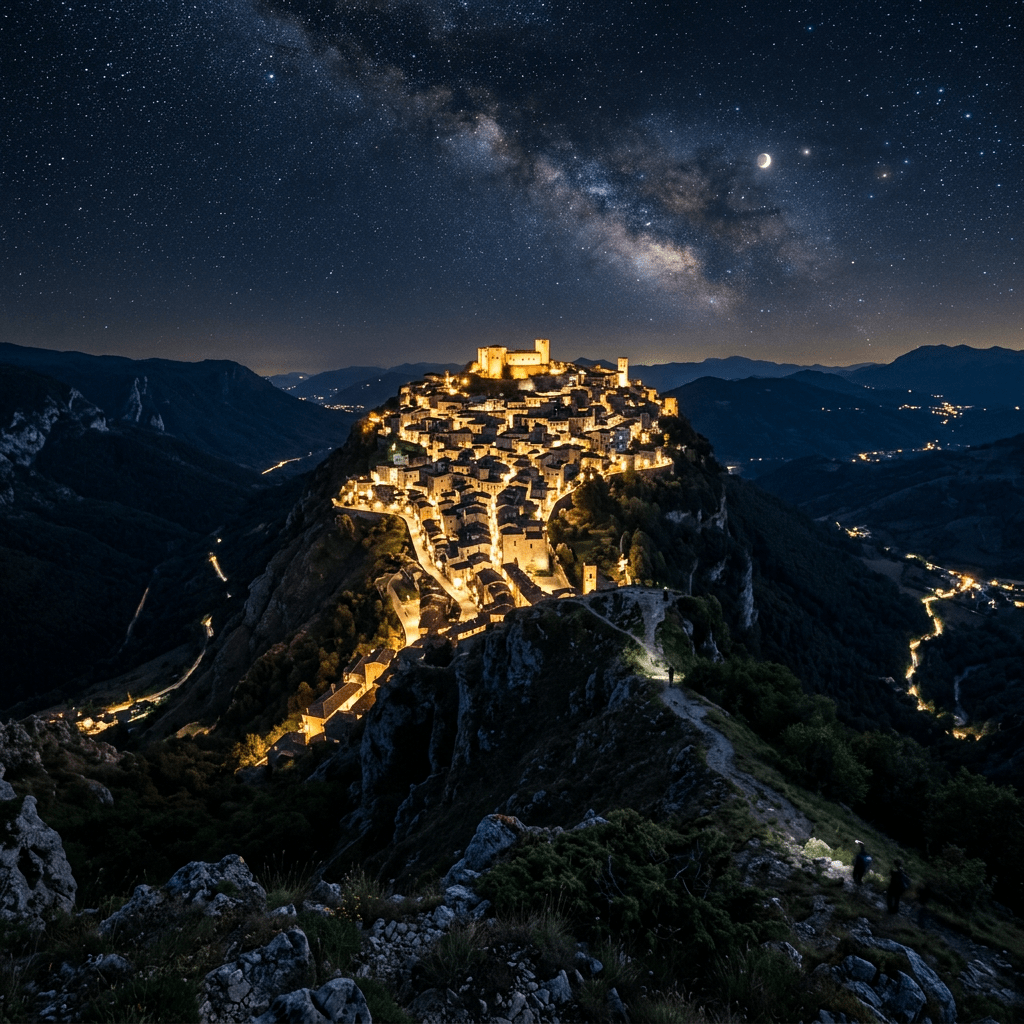 Hilltop village lit by warm lights under a star-filled night sky with the Milky Way and crescent moon visible