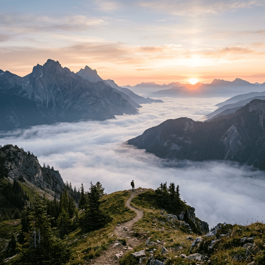 Hiker on grassy mountain ridge overlooking fog-filled valley and distant sunlit peaks