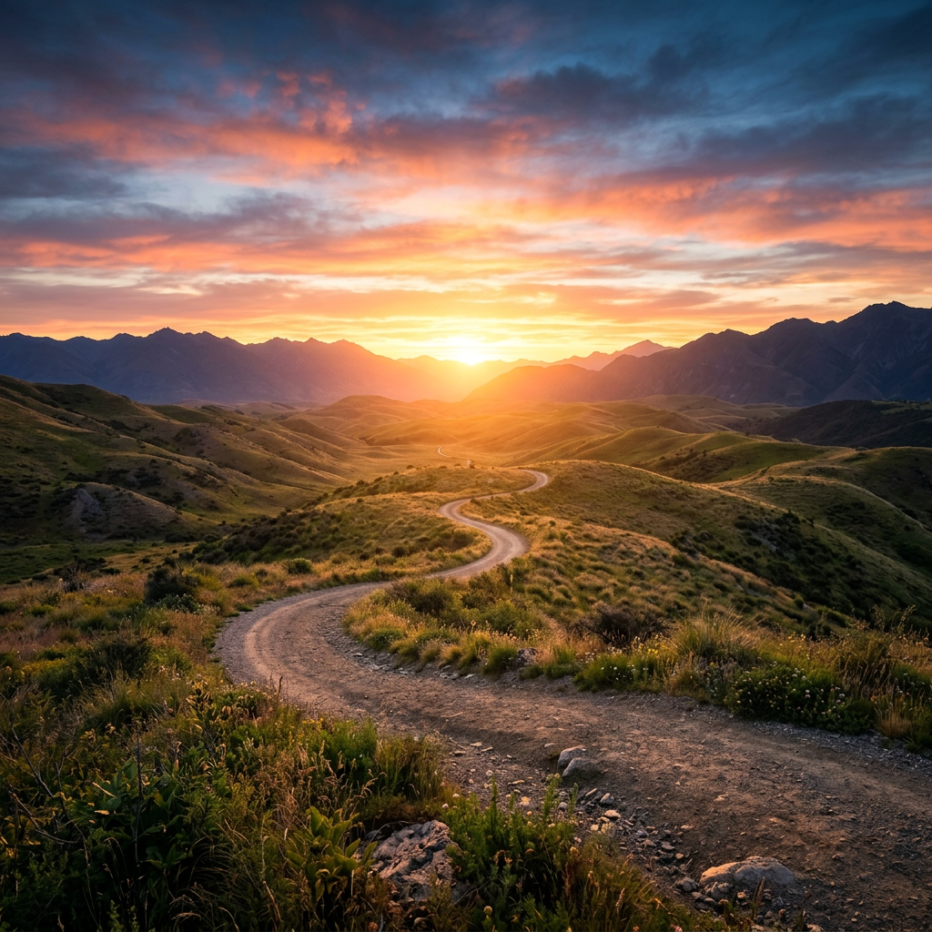 Winding dirt trail through hilly landscape at sunset with mountains in background