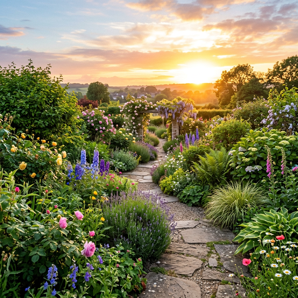 Stone garden path winding through lush flowering plants with sunset in background