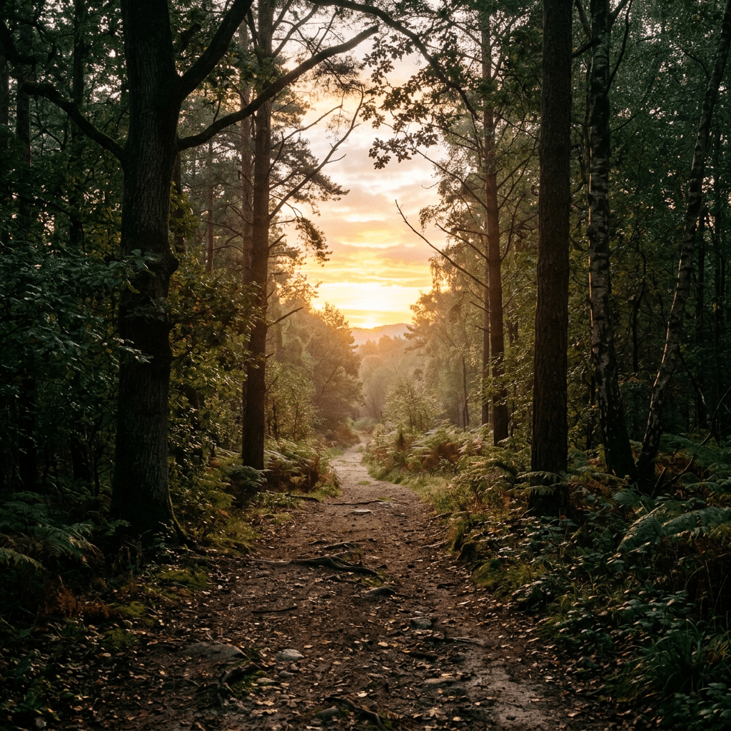 Forest path with tall trees and sunlight at sunset