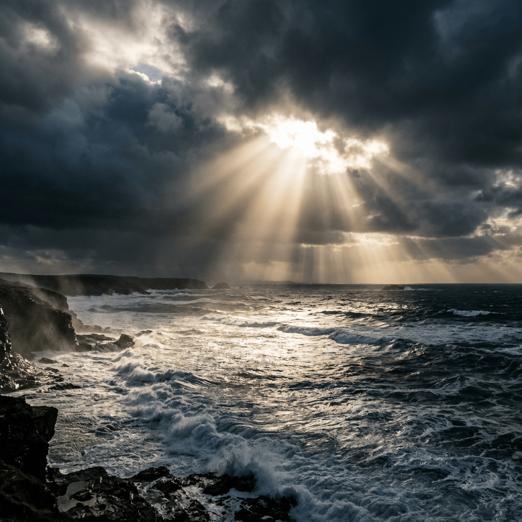 Sun rays shining through clouds onto rough ocean waves along rocky coastline