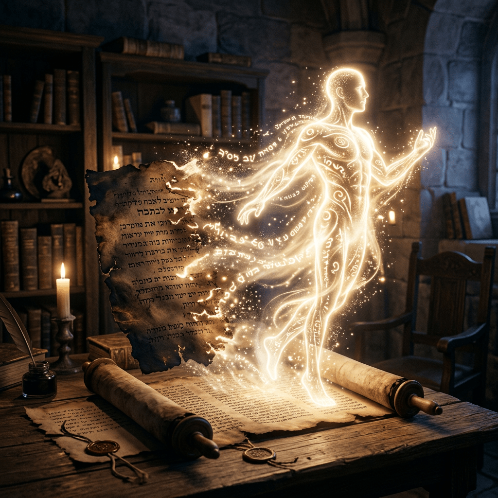 Glowing luminous human figure with magical symbols emerging from an ancient scroll on a wooden table